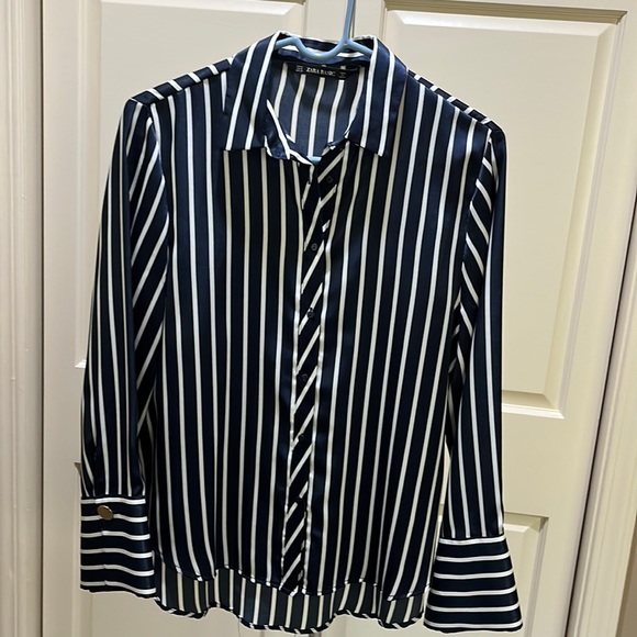 Zara Basics Navy Striped Blouse - Picture 1 of 9